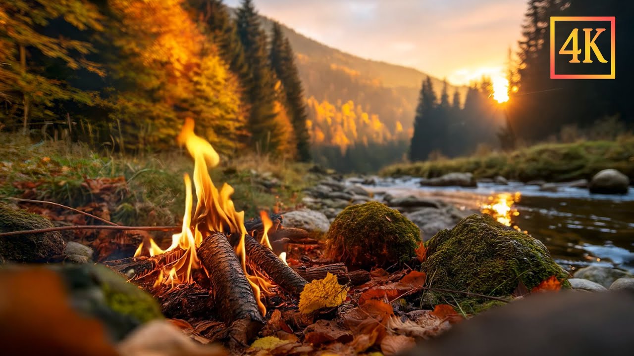 Autumn Morning Ambience 🍁🔥 Cozy Campfire by the Forest River. Relaxing Peaceful Nature Sounds