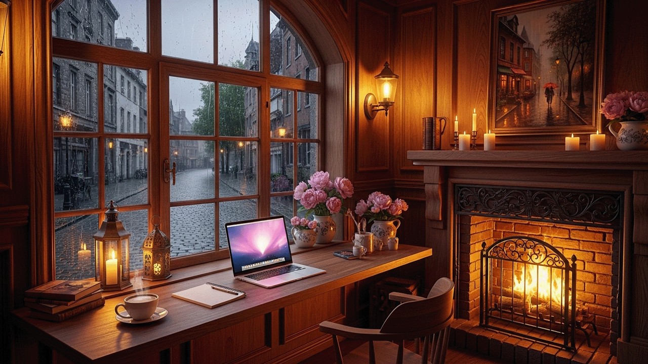 Cozy Cafe on a Rainy Day 🌧️ Piano Music and Warm Fireplace Ambience