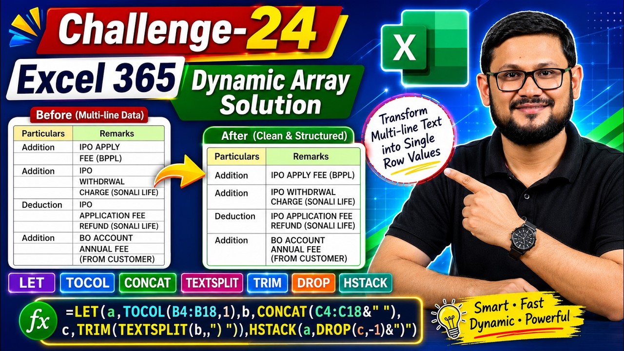 Solution to Challenge-24| Excel 365 Dynamic Array Formulas| LET|TOCOL|CONCAT|TEXTSPLIT|DROP|HSTACK