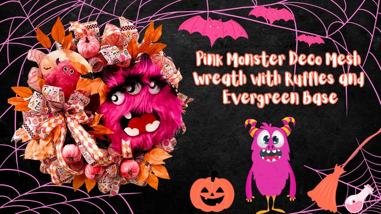 Pink Monster Deco Mesh Wreath with Evergreen Base |Deco Mesh Stunning Wreath