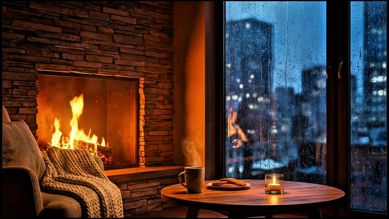 Cozy Late Winter Night 🌧️ Soft Piano, Rain & Fireplace Ambience (3 Hours)