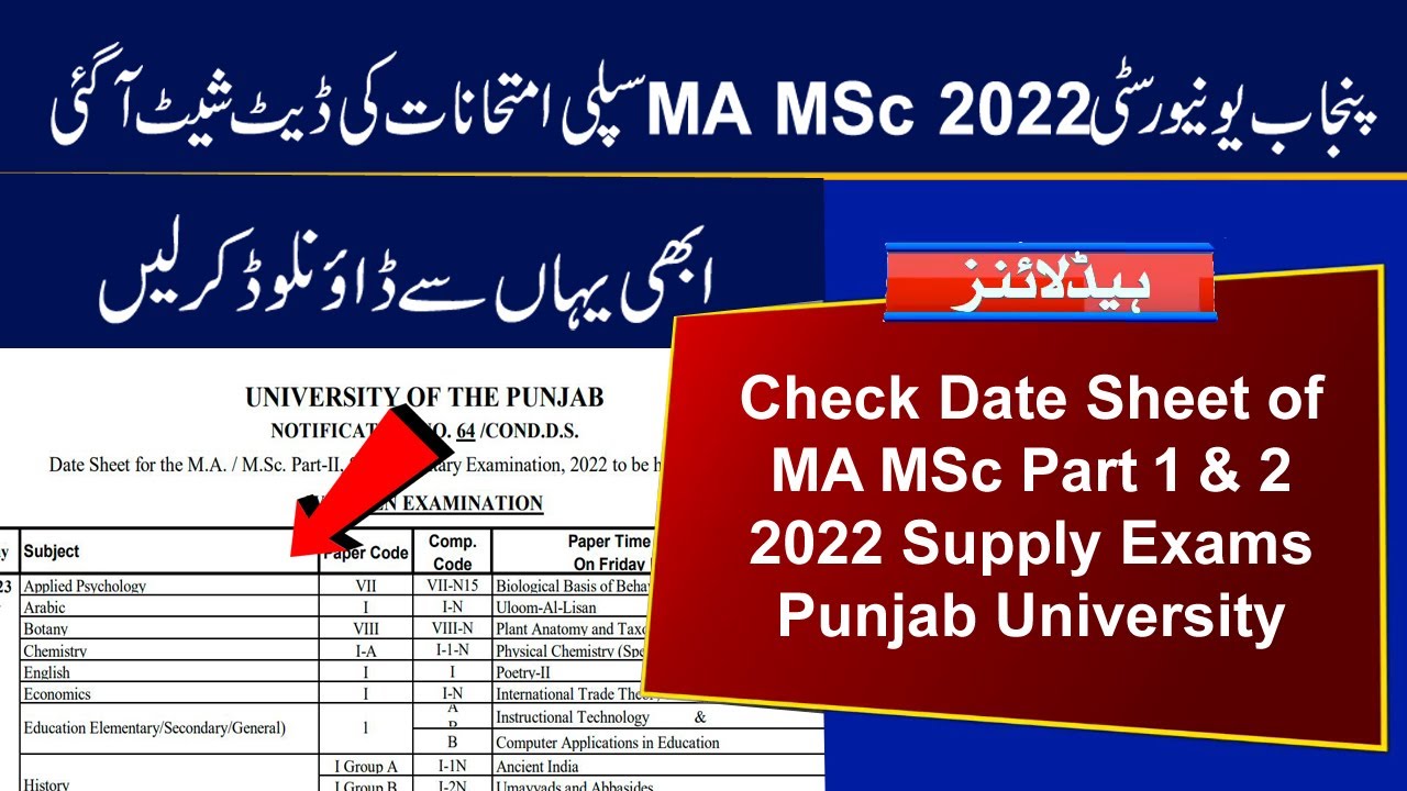 Check Date Sheet of MA MSc 2022 Supplementary Exams | Punjab University Supply Exams 2022