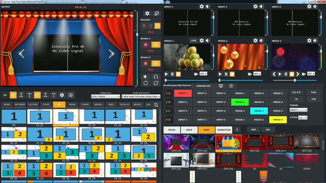 golive रियल टाइम लाइव विडियो स्पॉट मिक्सिंग स्विचर मिक्सर सॉफ्टवेयर output effects,fx,layout,preset