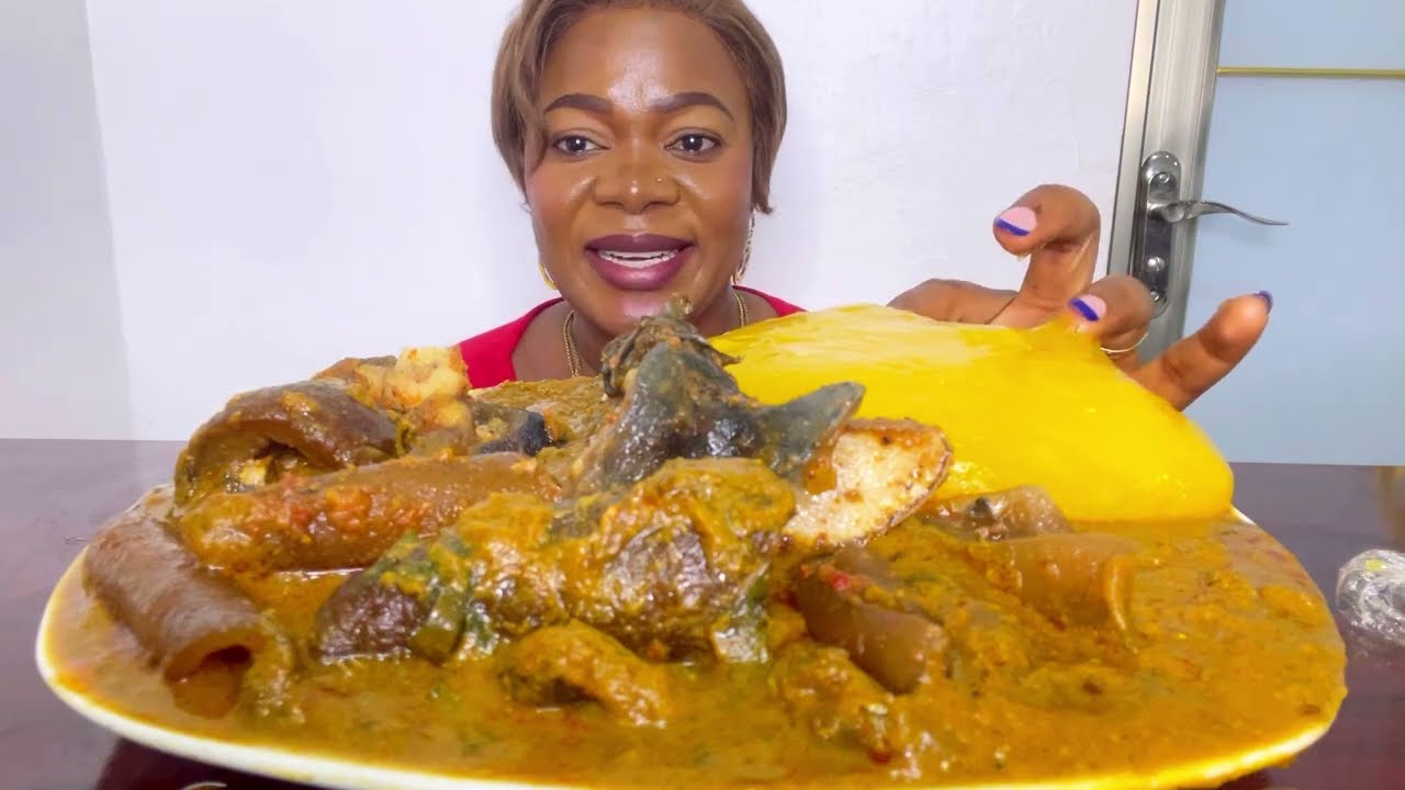 ASMR Spicy Cow feet and Kpomo banga Soup and starch MUKBANG
