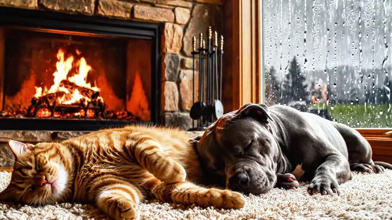 Cozy Cat & Dog Sleeping by the Fireplace 🔥 Heavy Rain & Thunderstorm Night with Gentle Snoring 😴🌧️