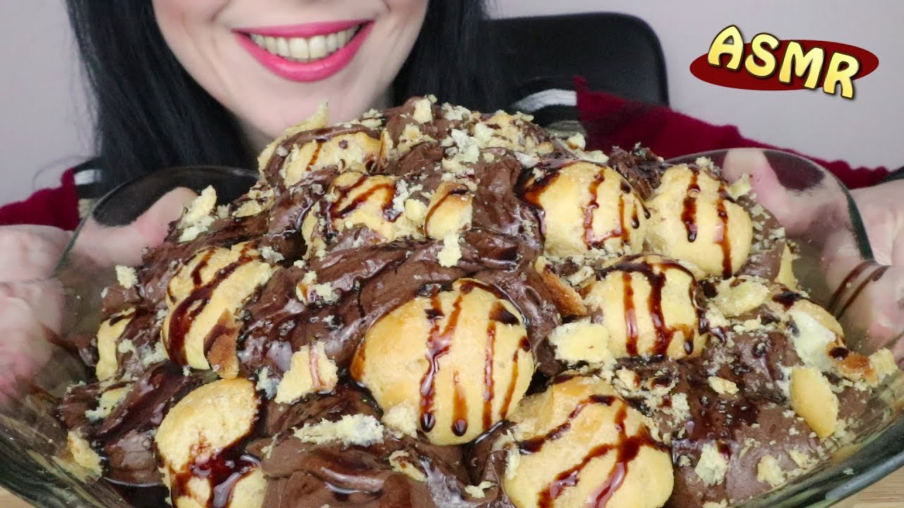 ASMR: Profiterole Puffs in Chocolate Mousse | Big Bites | Messy Eating | Eating Sounds | No Talking