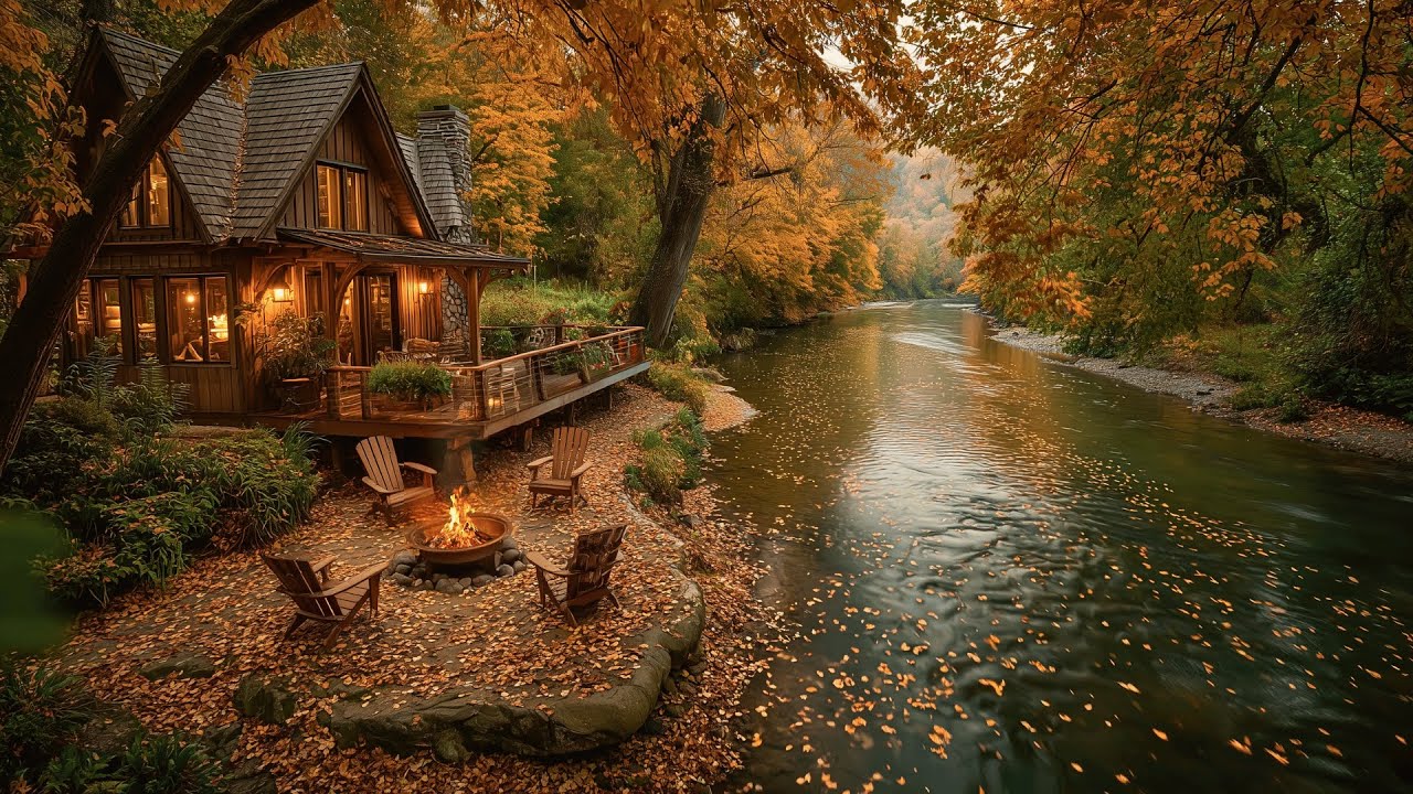 Autumn Riverside Cabin Morning Ambience | Gentle Firepit & Calm Birdsong in the Woods