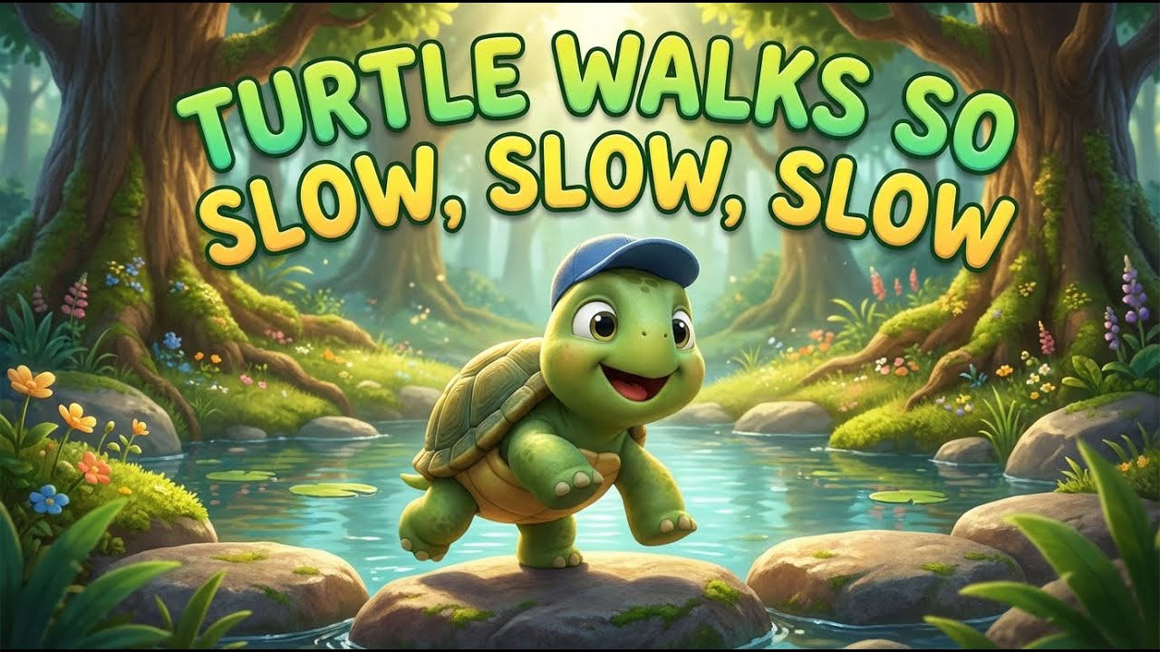 Turtle walks so slow, slow, slow - Nursery Rhyme Song for Kids