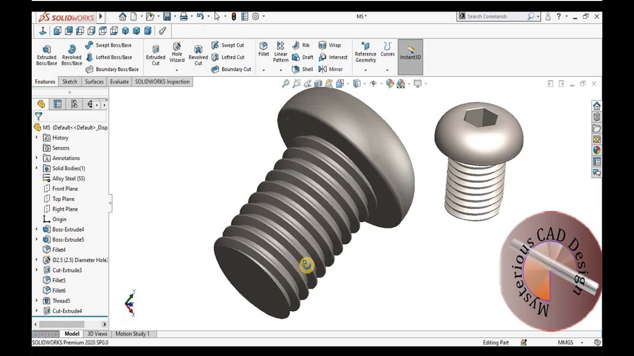 How to make Button Head Socket Screw  Bolt in solidworks in hindi ||  solidworks  tutorial Thread