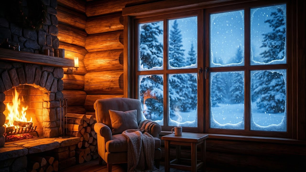 8 Hour Cozy Cabin Snowfall Ambience with Fireplace 🔥 Relaxing Winter Snow Sounds for Sleep (4K HDR)