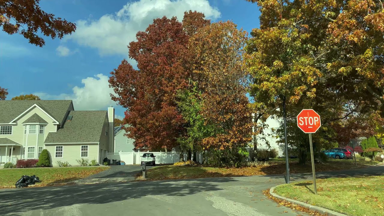 DRIVING BY OCEAN AVENUE , SELDEN, AUTUMN, 2021, NEW YORK, 4K/60