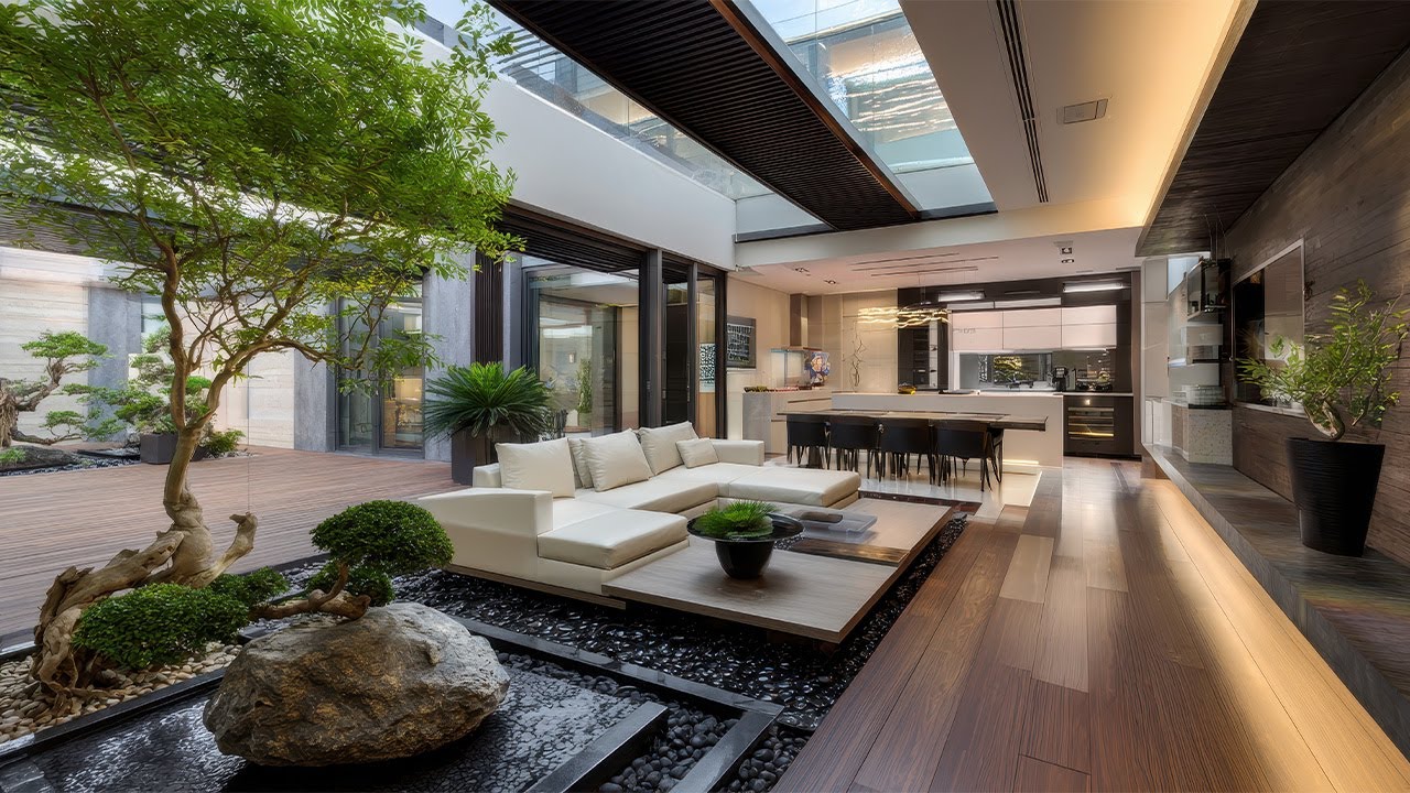 Elegant Luxury Living Room Design with Seamless Japanese Style Indoor Garden