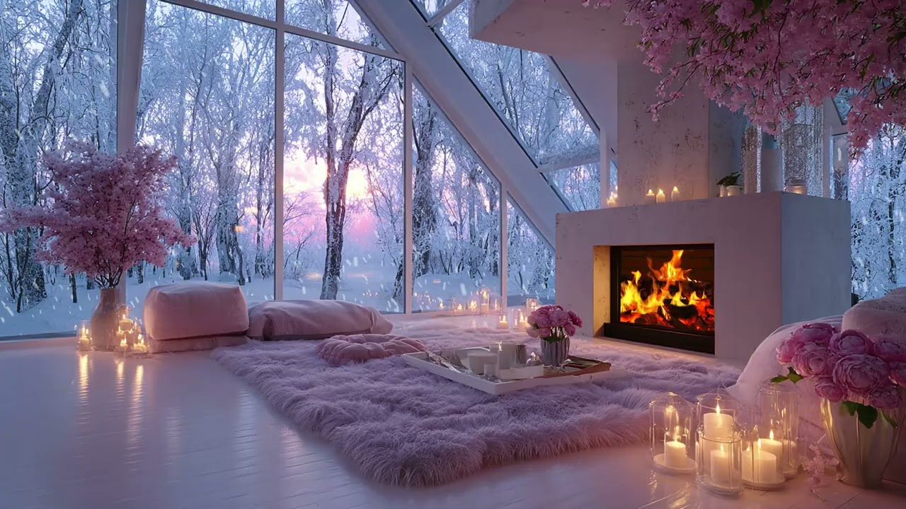 Quiet Cozy Piano Lounge | Fireplace Crackle & Winter Snowfall | Focus Study Relax Calm