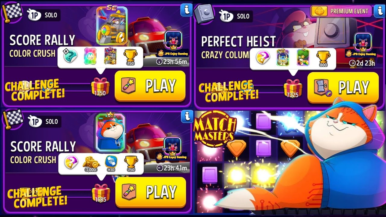 3 Solo/ Color Crush score rally 1350 Score And 1685 Score/ Crazy Columns Rainbow Perfect Heist 7325