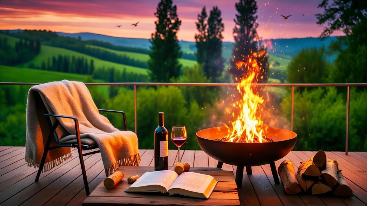 Cozy Terrace Ambience 🔥 Crackling Fire, Birds Singing & Relaxing Nature Sounds 