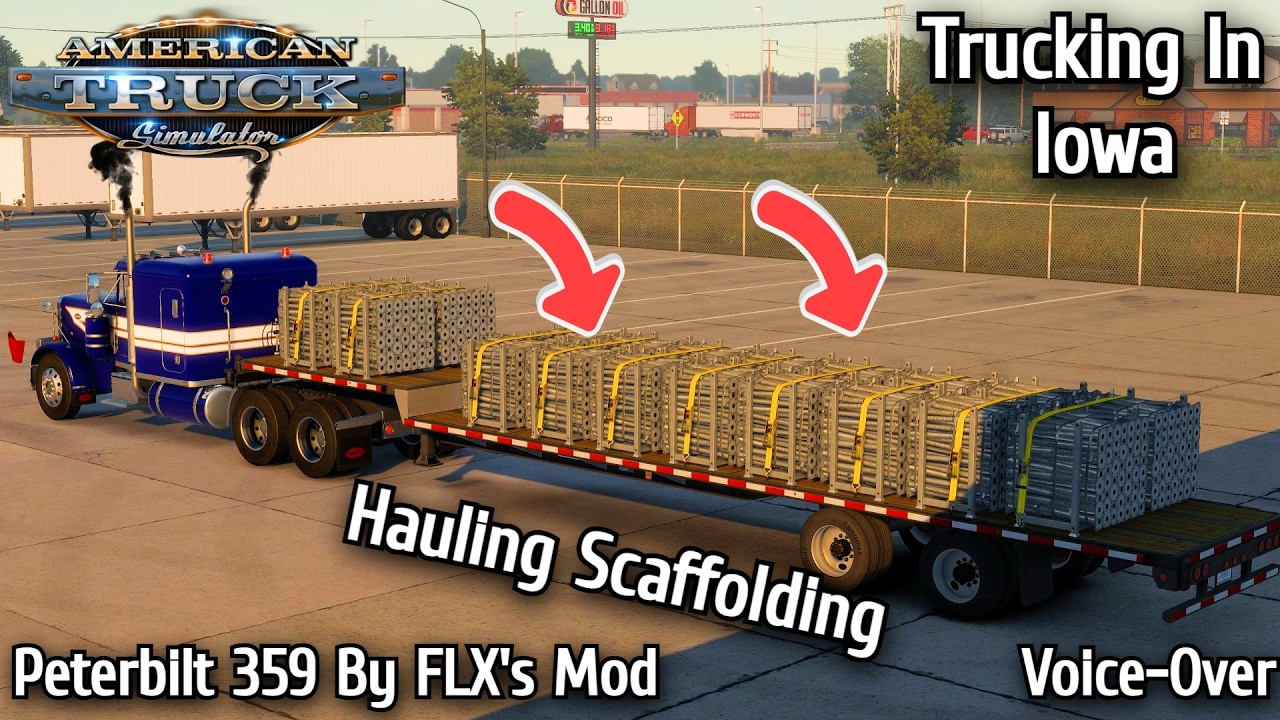 ATS: Trucking In Iowa, FLX Mods Peterbilt 359/Zeemods Cat 3406B, Hauling Scaffolding