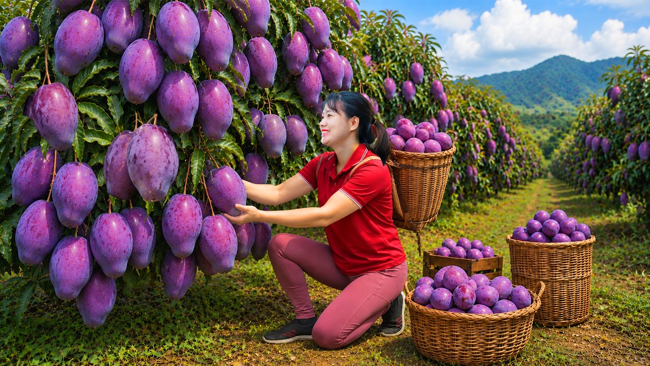 TIMELAPSE -- Harvesting 1000+ Rare Purple Mangoes To Market Sell | Tropical Fruits Fill Every Basket
