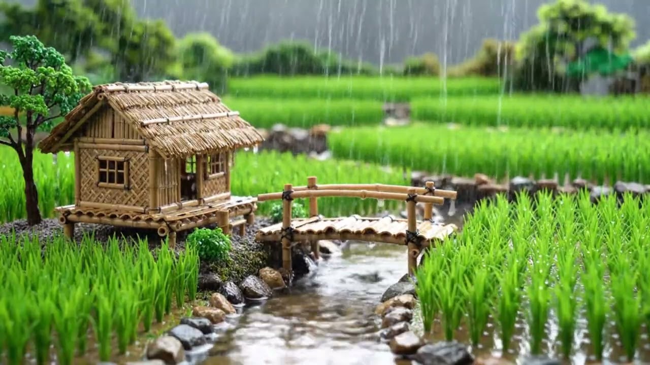 Rainy Countryside Bamboo Hut Ambience with Gentle Stream Sounds for Deep Sleep and Relaxation
