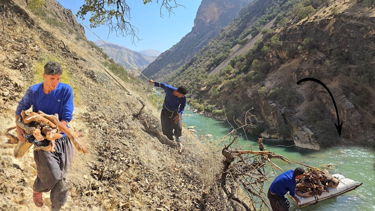 🌄🔥 Nomadic Life in the Zagros – Fearless River Crossing to Collect Firewood from the Cliffs 🚣‍♂️