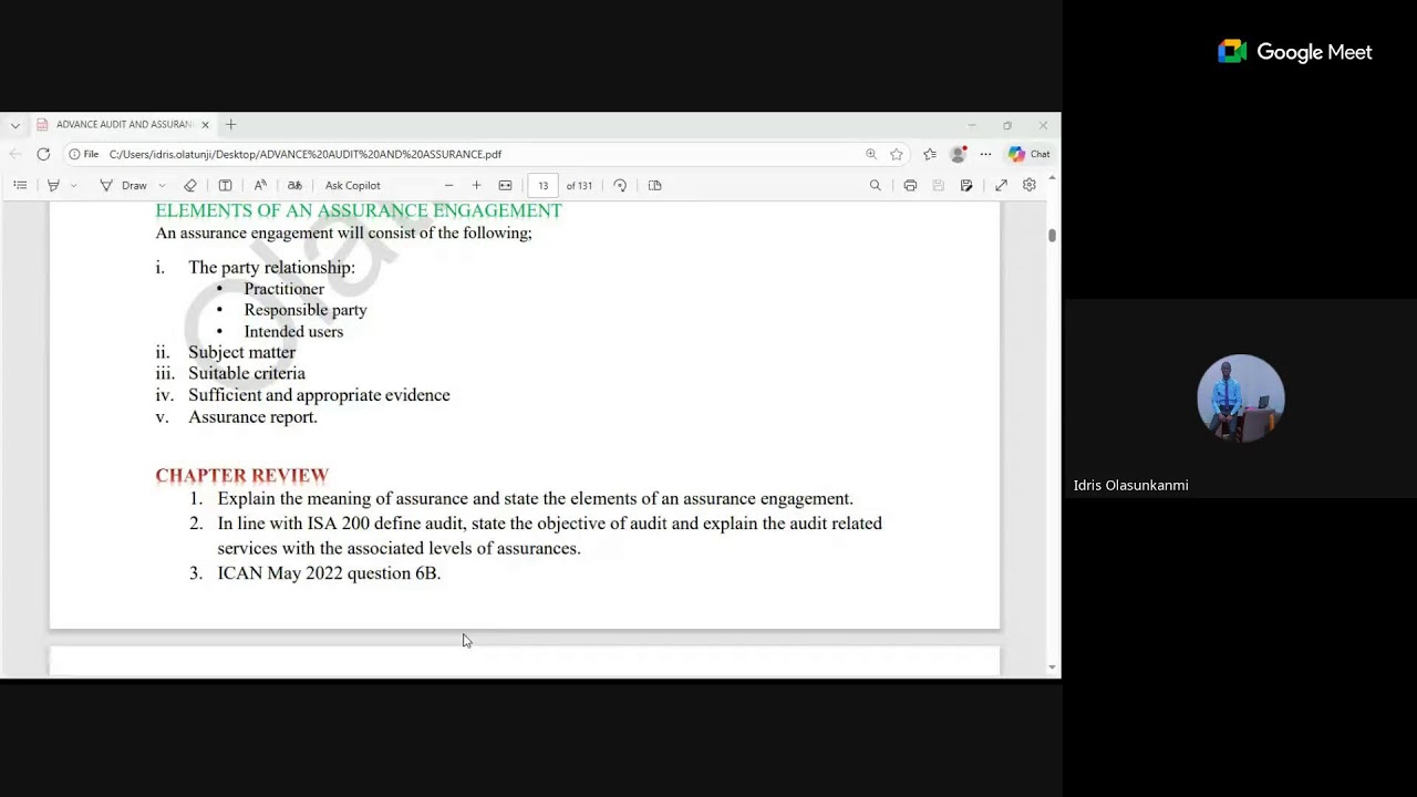 ADVANCE AUDIT ASSURANCE GENERAL CLASS CHAPTER ONE: MEANININTRODUCTION TO AUDIT AND ASSURANCE