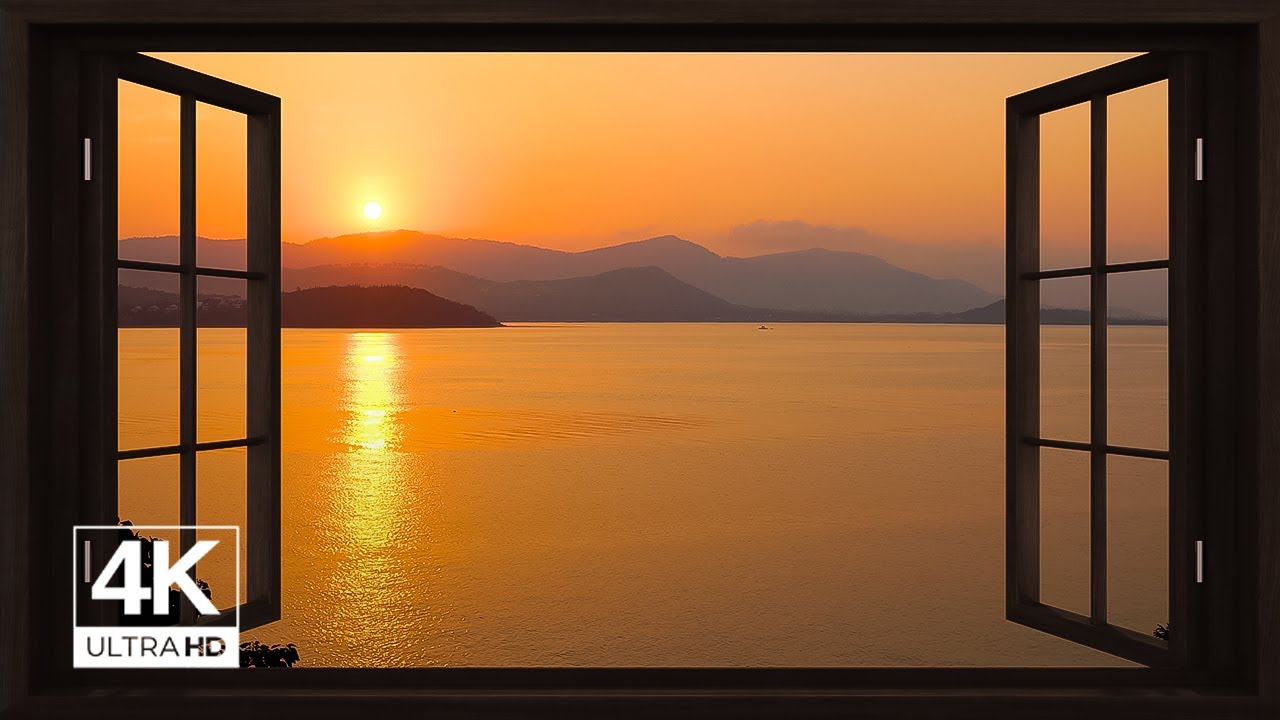 4K island sea during sunset window view - Relaxing, Calming, Ambience, white noise (ASMR)