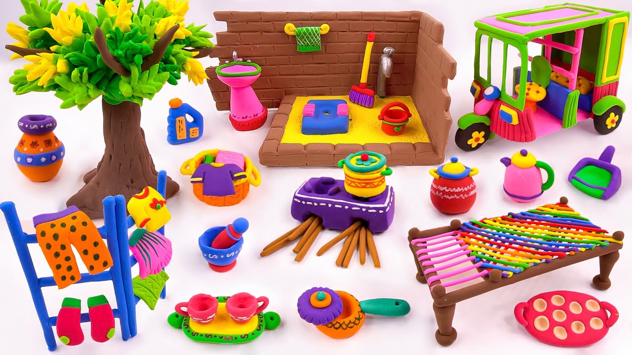 DIY How to Make Polymer Clay Miniature Bathtub, Kitchen Set, Rikshaw, Charpai, Tree | Mixing Clay