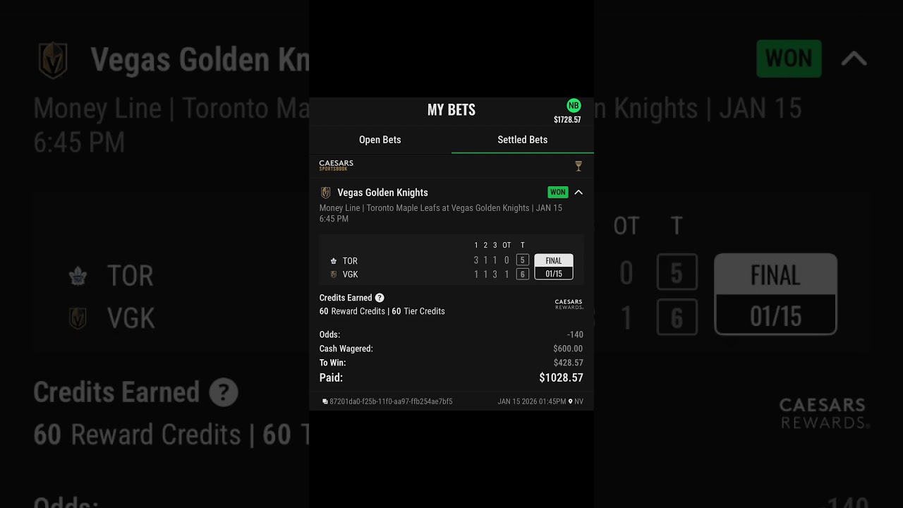 $600 bet on Toronto Maple Leafs vs Vegas Golden Knights - NHL Season Match 1/15/2026