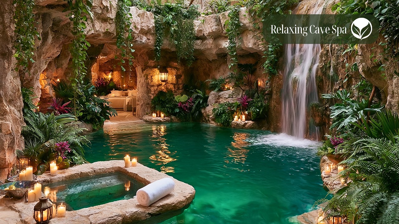 Relaxing Cave Spa 🌊 Waterfall Sounds, Tropical Birds & Grotto Ambience for Peaceful Rest