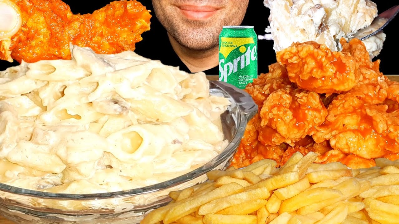 ASMR MUKBANG| CREAMY ALFREDO PASTA, SEASONED CHICKEN, FRIES(EATING SOUNDS)| موکبانگ