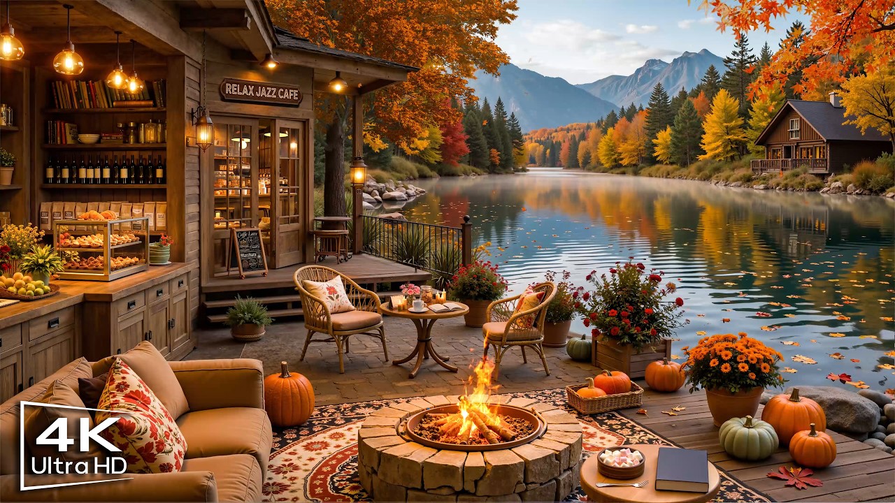 Cozy Autumn Porch Ambience with Relaxing Jazz Instrumental Music & Crackling Fireplace to Study,Work