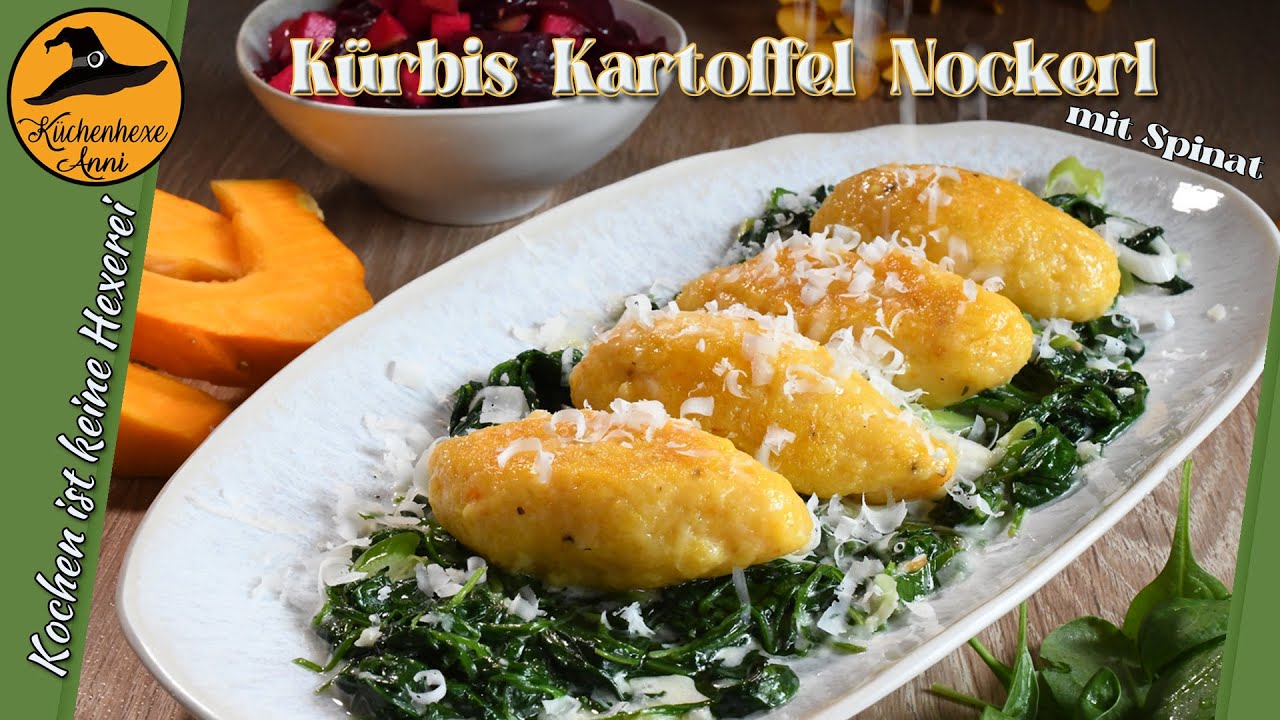 Herbstiche Kürbis Kartoffel Nockerl mit Blattspinat