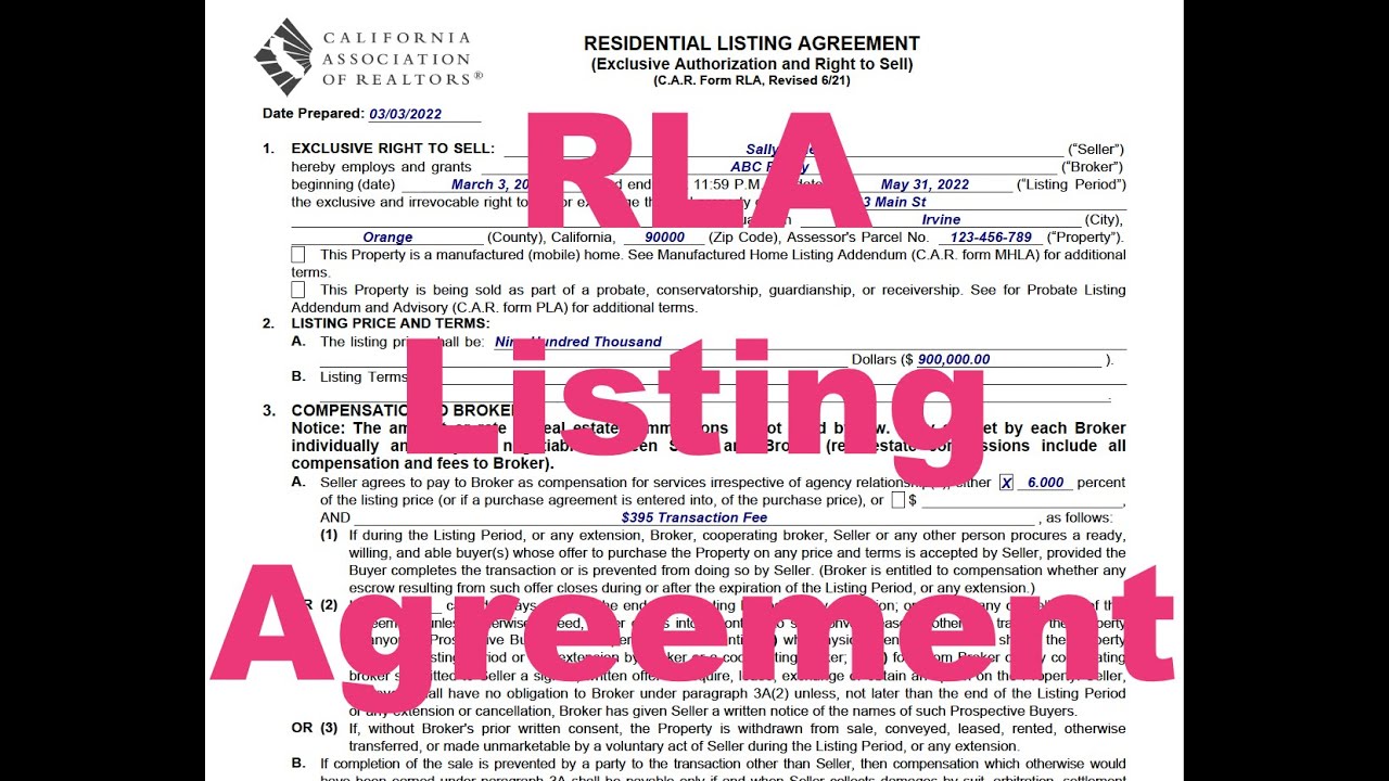 How To Complete - California Residential Listing Agreement - CAR Form RLA Tutorial