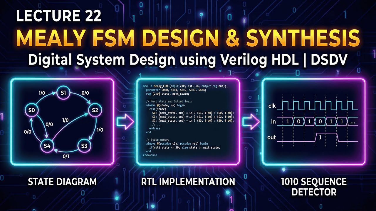 Lecture 22: Mealy FSM Design and Synthesis | 1010 Sequence Detector | Synchronous Sequential Circuit