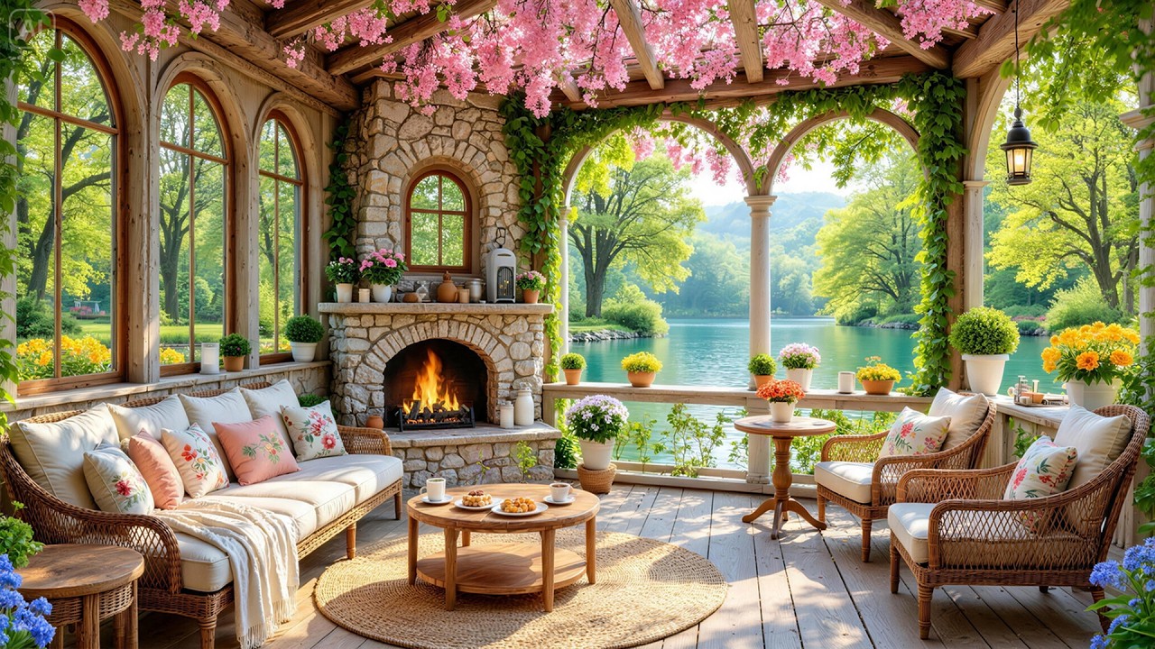Cozy Spring Porch Ambience 🌿 Smooth Piano & Crackling Fireplace for Relaxation