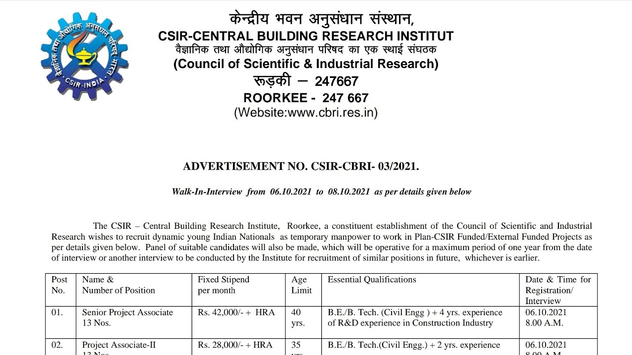 CBRI Recruitment 2021 | Central Building and Research Institute Recruitment 2021 | CSIR CBRI | CBRI