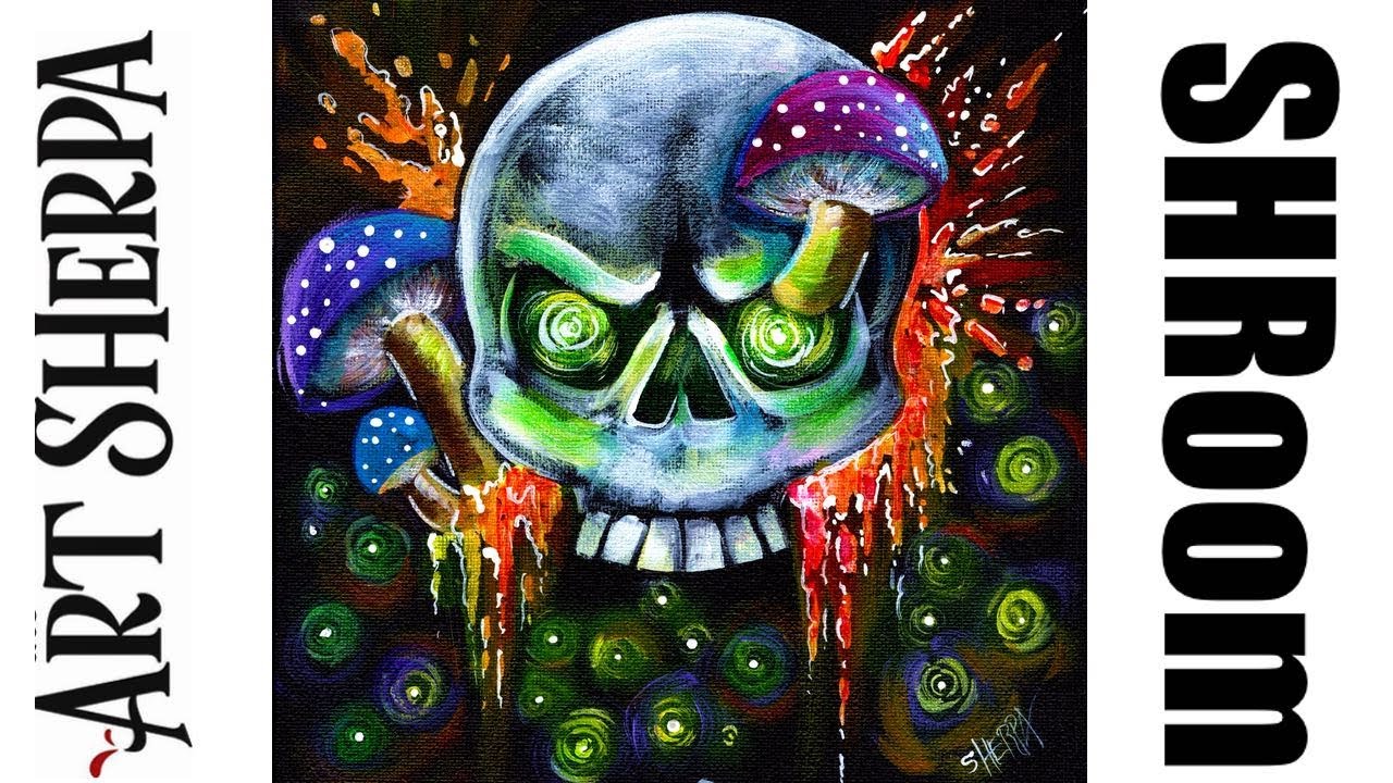 Mushrooms and Skull Spooky Magic Beginners Learn to paint Acrylic Tutorial Step by Step