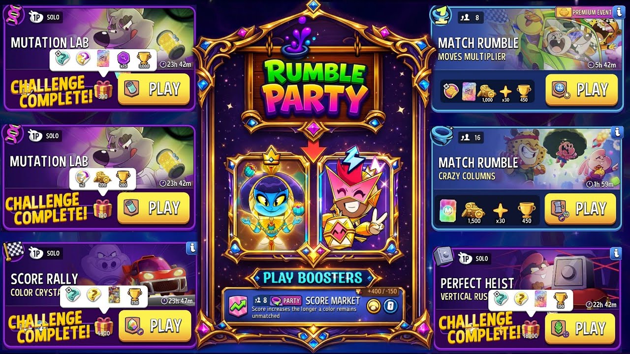 (Party+4 Solo+2 Rumble) Mutation Lab/ Color Crystals/ Vertical Rush/ Crazy Columns/ Moves Multiplier