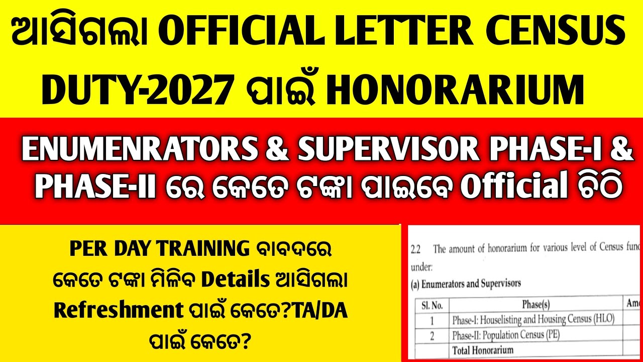 Census 2026-27 Honorarium For Enumenrators & Supervisor/Census Honorarium/Census Training Honorarium