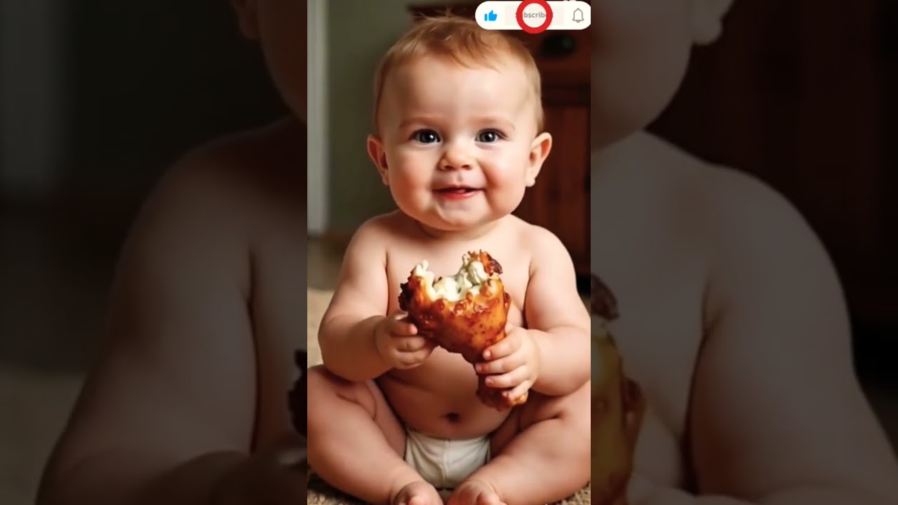 A Small Baby Eating Chicken Leg and smiling