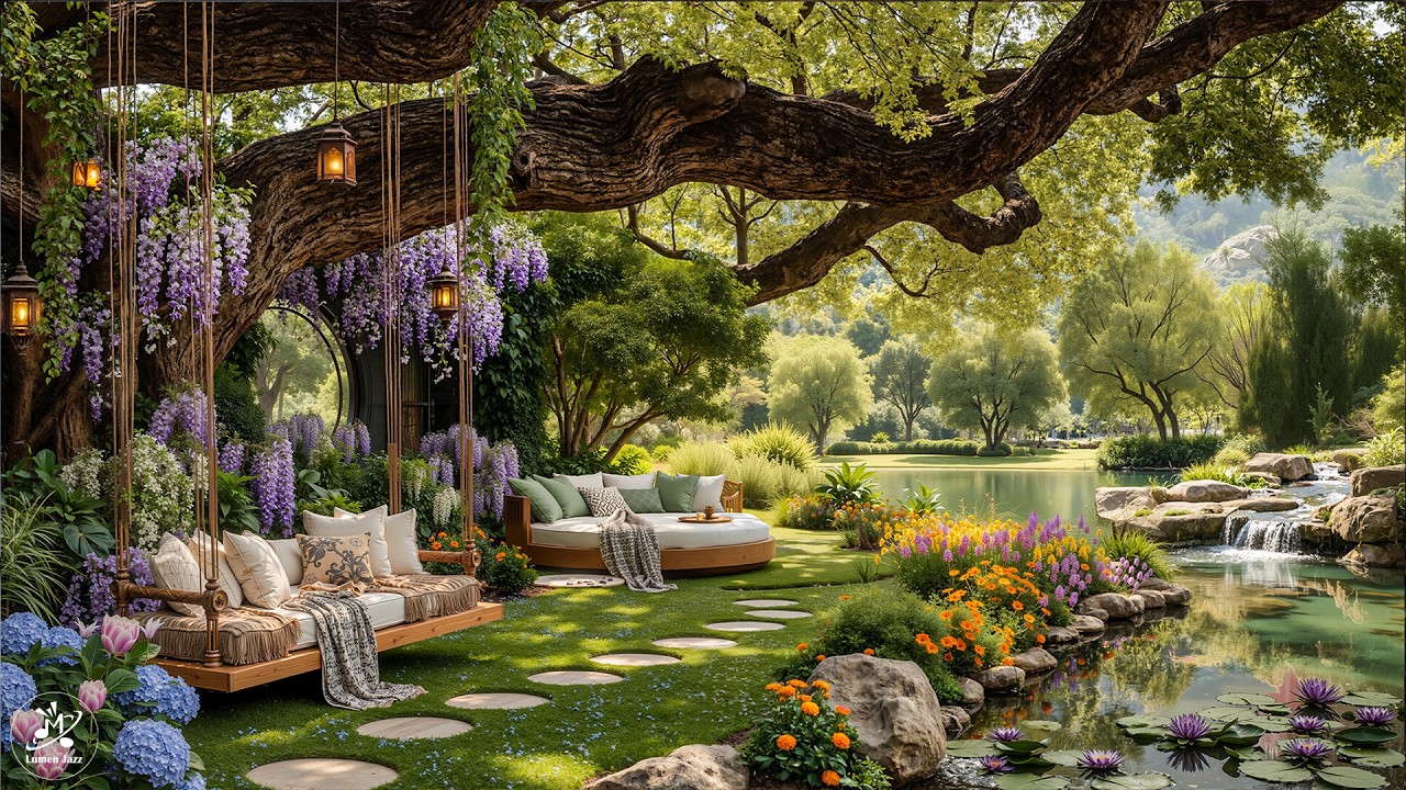 Tranquil Morning Jazz by the Flowering Lakeside | Relaxing Jazz in a Cozy Outdoor Retreat for Calm