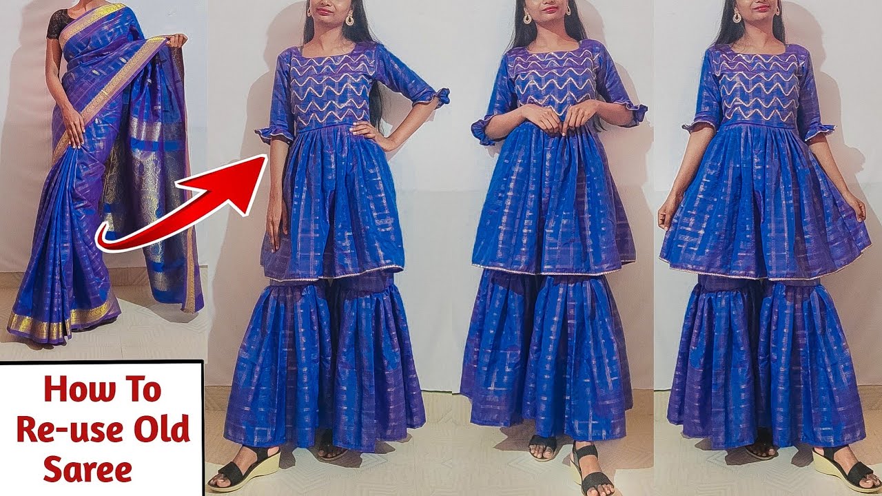 Convert old saree into designer Sharara Dress easily | Sharara with Peplum kurti Cutting, Stitching