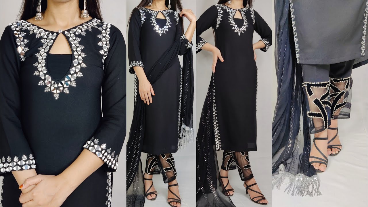 Designer suit cutting and stitching/Neck embroidery design/hand work/mirror work/ trouser suitdesign