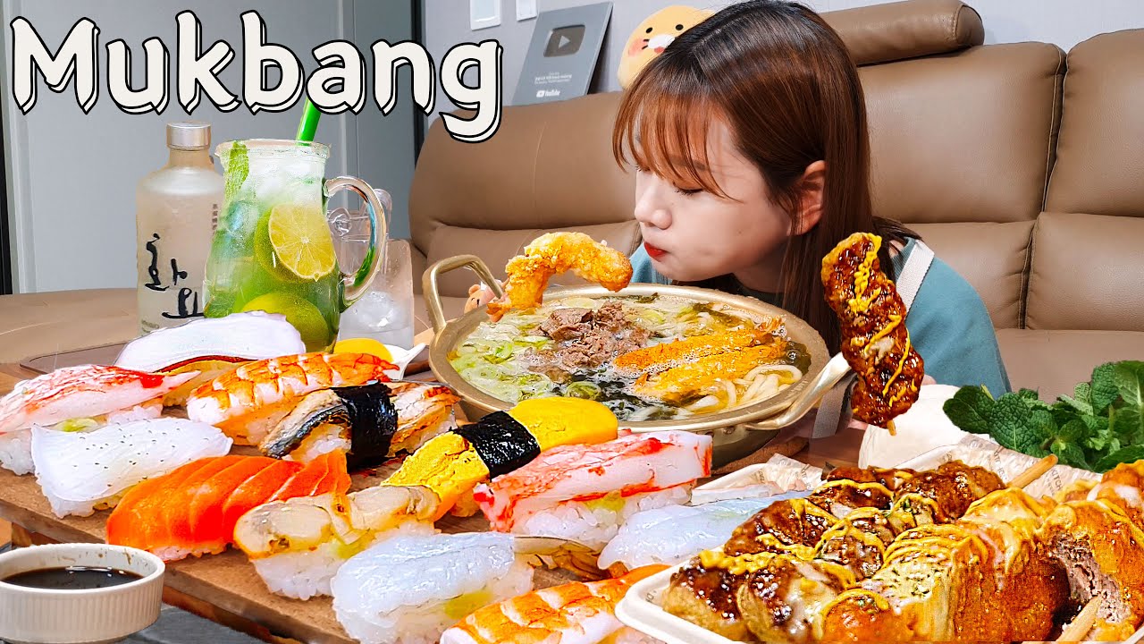 Sub)Real Mukbang- Пульгоги и жареные креветки Суши Удоно 🍣 Куриные шашлычки 🍢 Коктейль Мохито🍸 ASMR