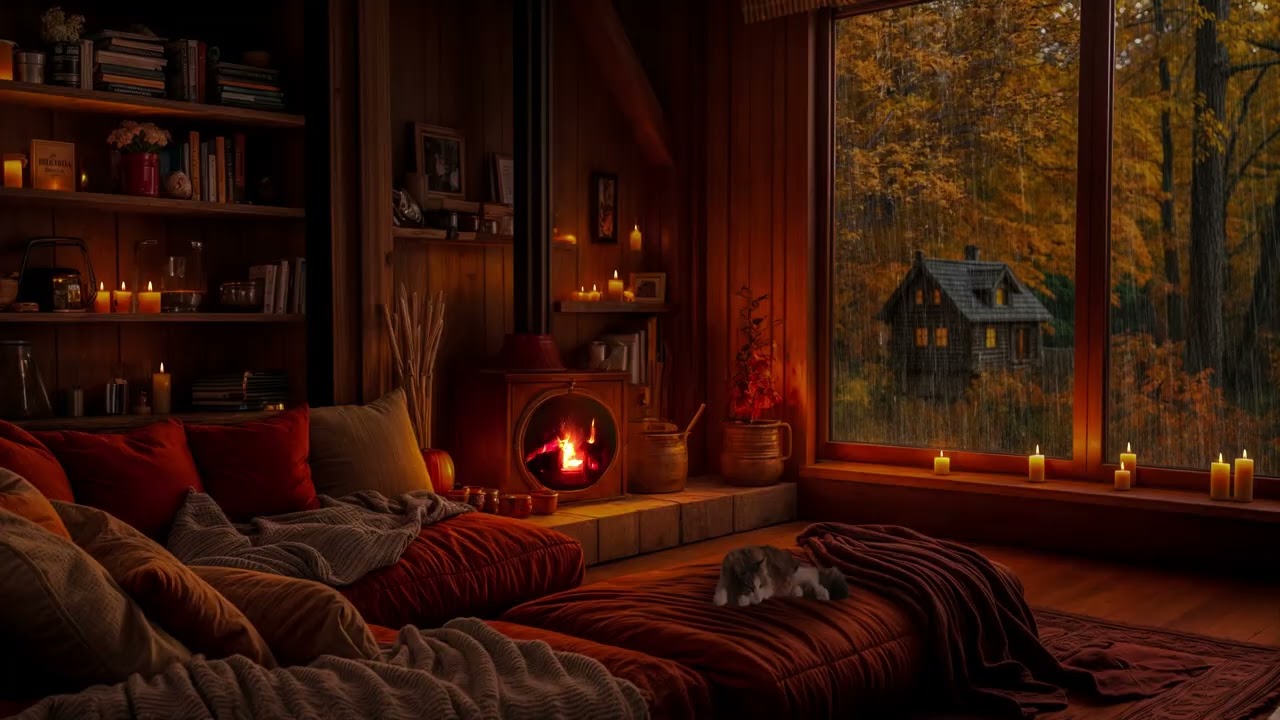 Rainy Autumn Cabin Ambience | Cozy Fireplace, Warm Bedroom & Relaxing Rain Sounds for Deep Sleep