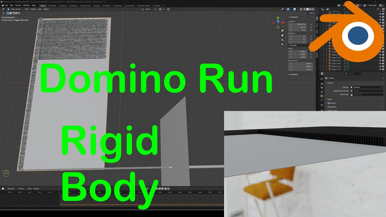 Domino Run Animation – Rigid Body Simulation – Part 7 – Blender 4.5 – (Erstellungsprozess)