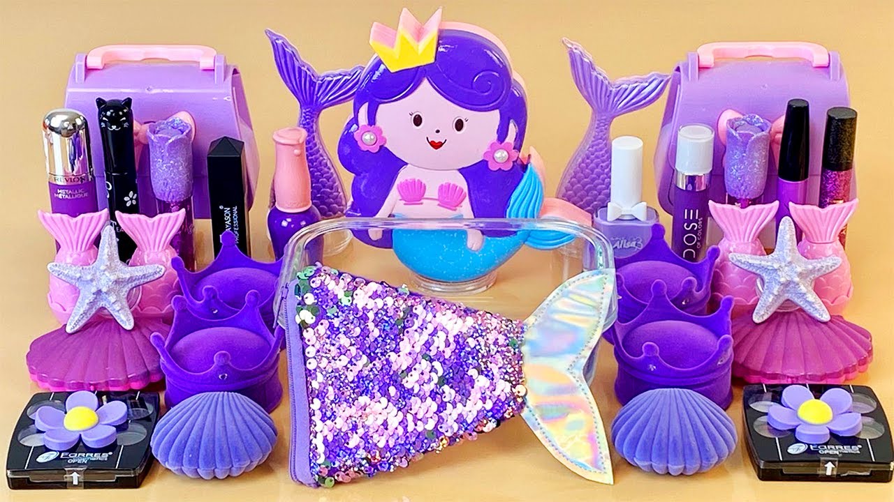 ASMR Slime Mixing ”Purple MERMAID” 🧜‍♀️💜💤 makeup, Eyeshadow, glitter into slime. Satisfying slime.
