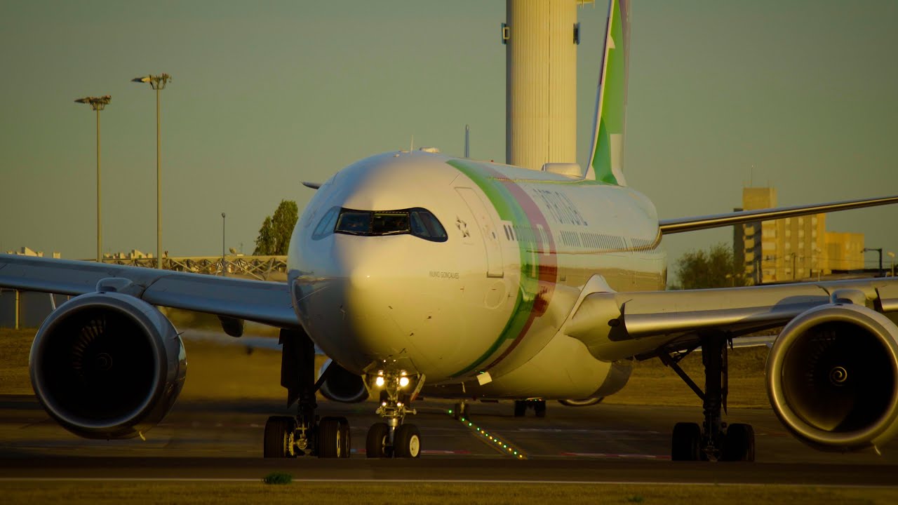 TAP Air Portugal Airbus A330-900 taking off at sunset from Lisbon Airport LPPT