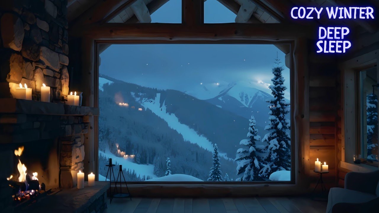 Cozy Winter Cabin Ambience with Crackling Fireplace & Falling Snow Sounds | Relaxing Sleep Music