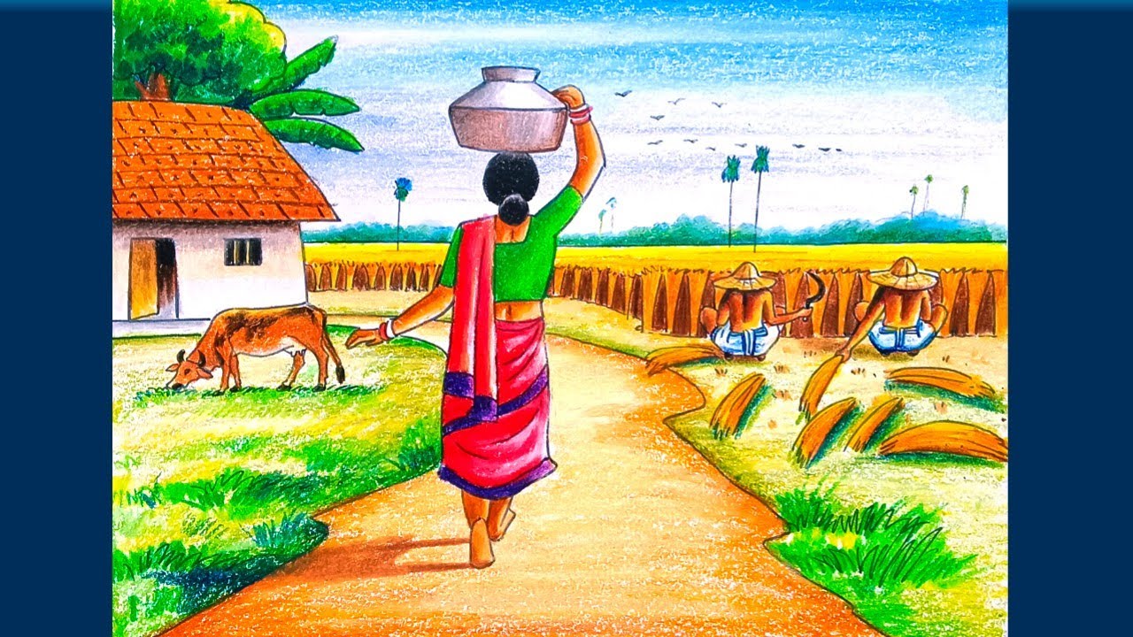 Village landscape scenery drawing with women step by step/Village scenery drawing