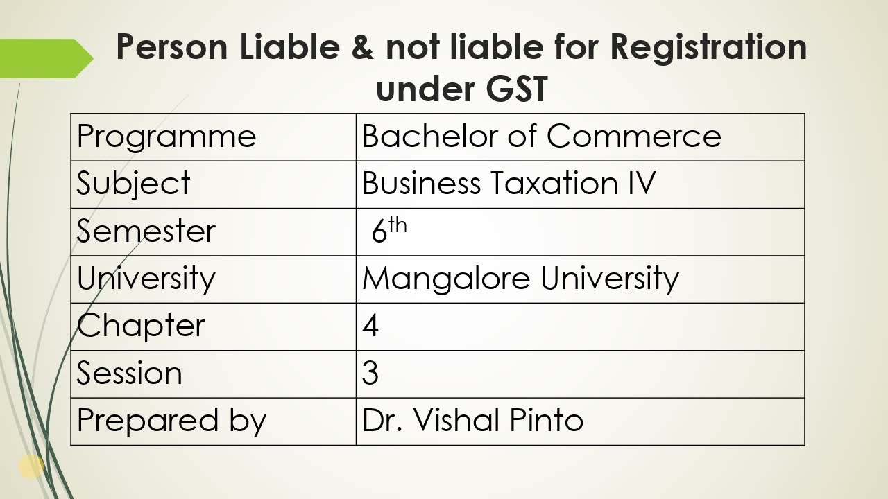 GST- Chpt 4: Session 3: Person Liable & not Liable for Registration